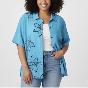 NWT Maggie Barnes Aqua Blue Black Floral Short Sleeve Button Up Shirt Size 5X